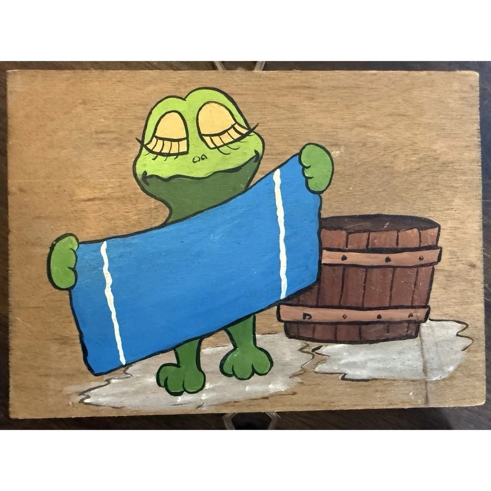 Vintage Frog Bathroom Wall Art Set Wood Hand Painted Bath Decor 3pc
